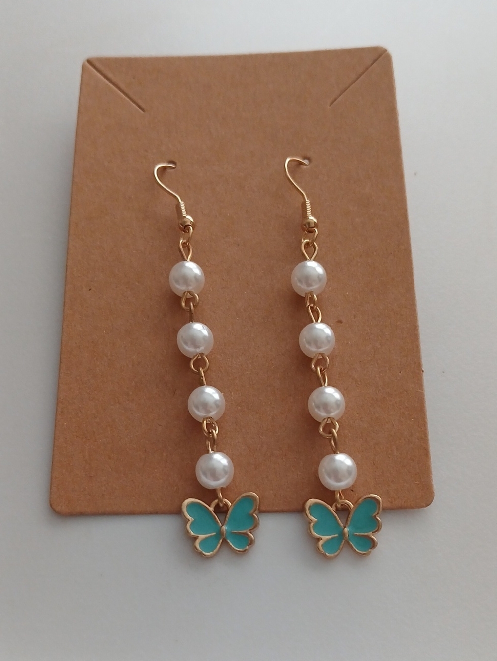 Fashion Jewelry Gold-Tone Pearl Drop Earrings with Turquoise Butterfly